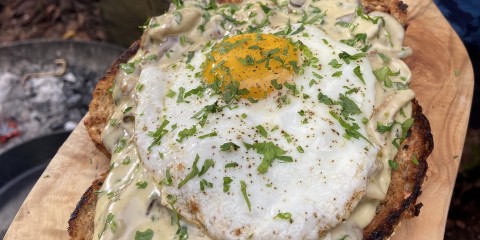 Toast met paddestoelenragout en een spiegelei