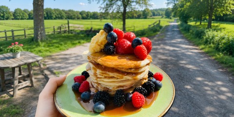 Luchtige pannenkoekjes met karnemelk, ahornsiroop en rood fruit | recept van Rosah 