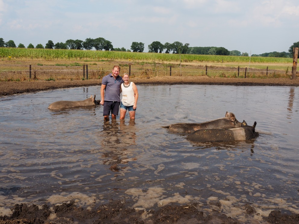 Koen en Melissa met hun varkens in de poel | Foto: Koen Lipman