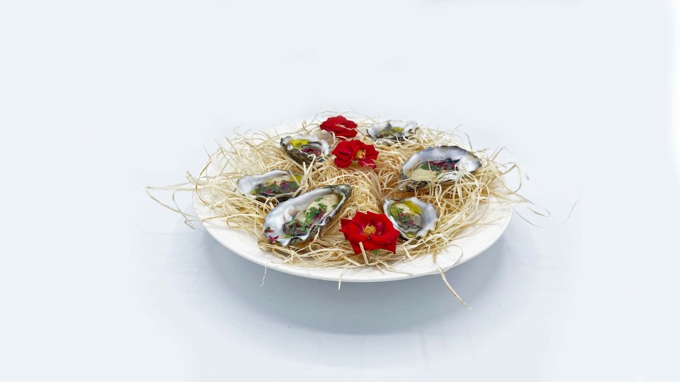 Oesters met Mezcal en rozenblad