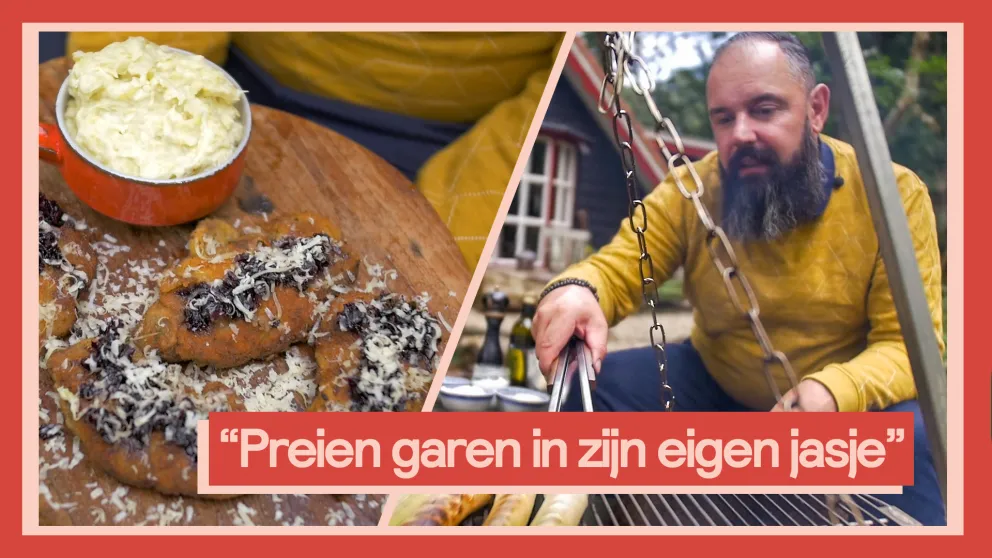 Stamppot van gebrande prei met wildzwijn schnitzels