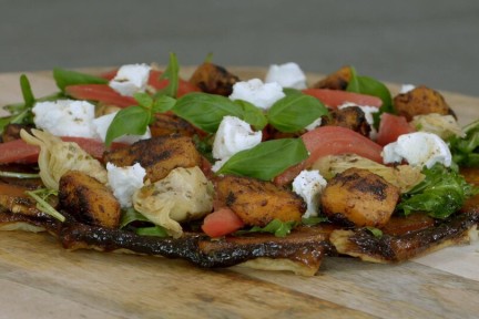 Tarte tatin pompoen peer en een salade met balsamico