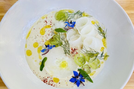 Ajo blanco met witte komkommer en druiven