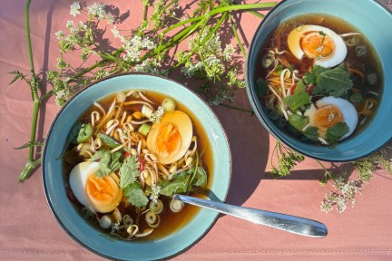 Ramenbouillon met wildplukpesto