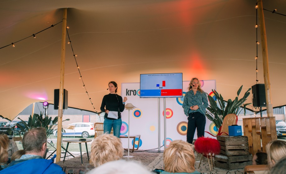 Columnisten Wyke en Asceline tijdens hun presentatie op het BinnensteBuiten Festival in Zaandam | Foto: Sheena Schouwink