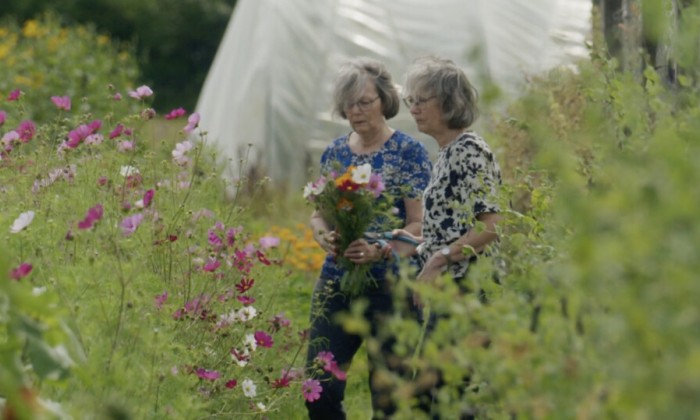 Tweelingzussen in met hun plukbloemen
