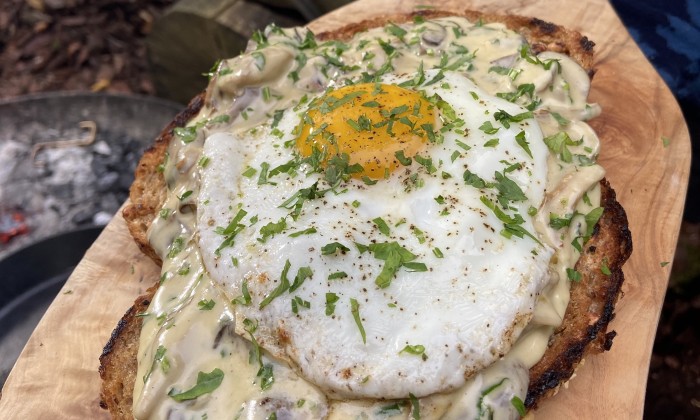 Toast met paddestoelenragout en een spiegelei