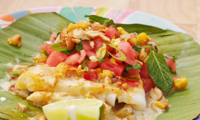 Sambal kabeljauw in bananenblad