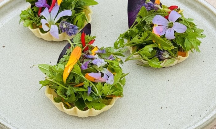 Krokante tartelette met noten-tofucrème en kruiden