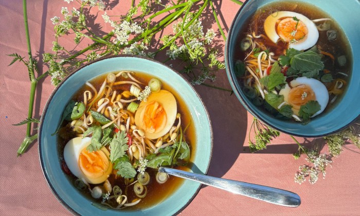 Ramenbouillon met wildplukpesto