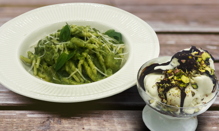 Pistache-ijs en pasta pesto