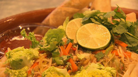 Ramon maakt een snelle vegetarische maaltijd van rijstnoedels met groenten, koriander en slahart. Maar ook zelf gerolde loempia’s en chilisaus. vega noedels groenten